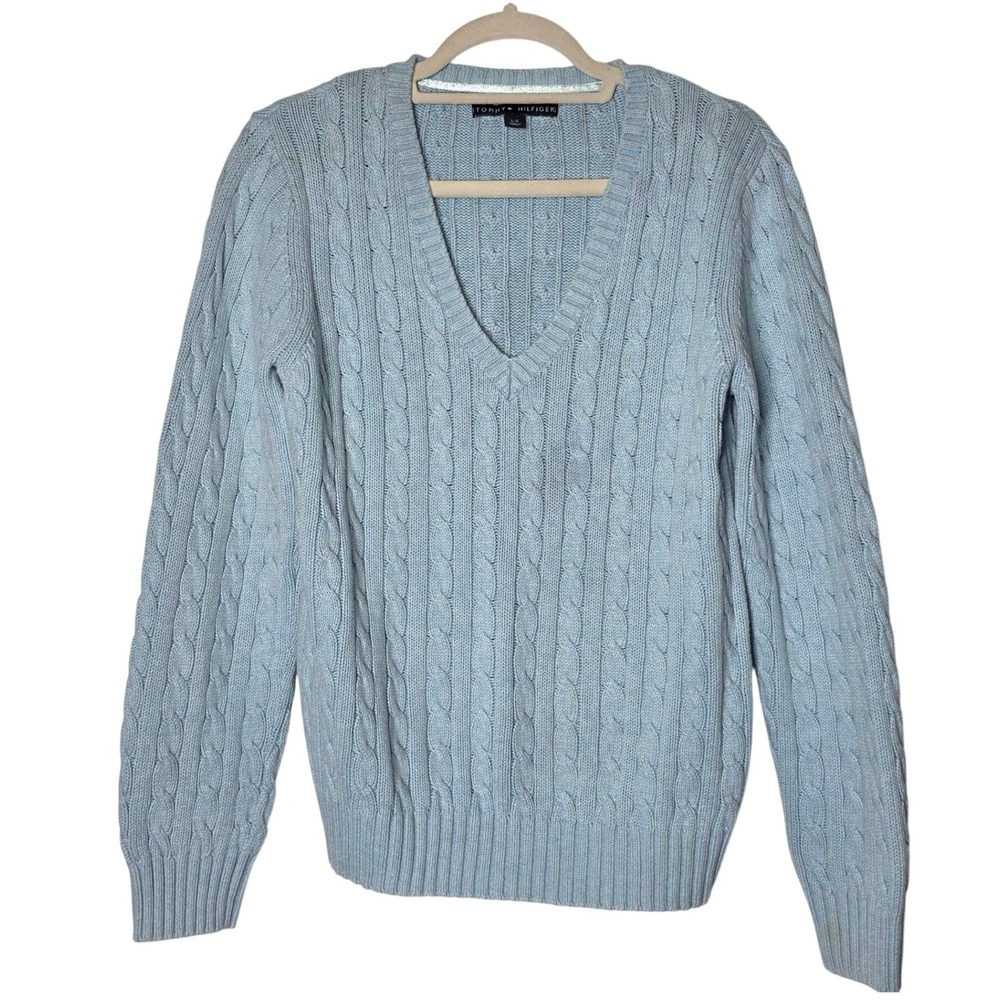 Vintage Tommy Hilfiger Light Blue Cable Knit V-Neck Cotton Sweater Women's Large